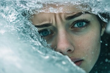 A woman is submerged under ice in a frozen lake, holding her breath and displaying deep concentration. The clarity of her expression contrasts with the icy surroundings, highlighting her struggle