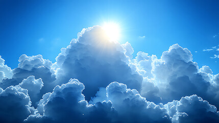 Cumulus clouds and sun rays illuminating blue sky serene sky high atmosphere cloudscape