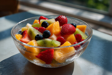 Fresh fruit salad with berries and melon served in a glass bowl on a bright, sunny day