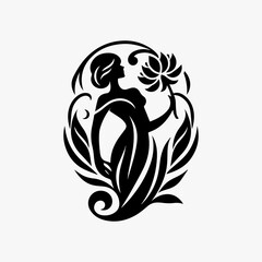 Obraz premium Silhouette of a woman holding a flower, surrounded by floral elements in an oval frame.