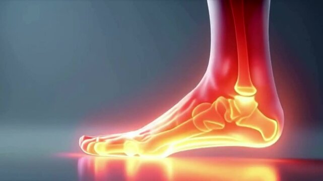 Foot anatomy and pain presentation showcasing bones and joints in a medical visualization, useful for health, science, and educational content regarding podiatry.