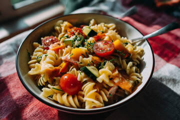 Delicious pasta dish with fresh vegetables and cherry tomatoes ready to serve on a vibrant table setting
