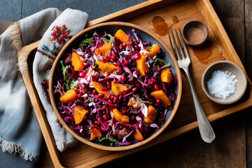Fresh salad with roasted squash and pomegranate on a wooden tray set on a rustic table