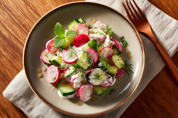 Fresh vegetable salad with radishes, cucumbers, and herbs served on a wooden table