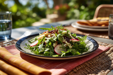Fresh salad on a table surrounded by greenery at an outdoor dining setting with a serene atmosphere during lunchtime
