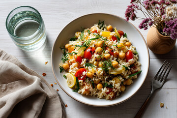 Colorful chickpea salad served in a bowl with fresh herbs and a glass of water on a rustic table