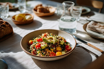 Colorful quinoa salad served on a rustic table during a sunny afternoon meal with fresh ingredients and homemade bread