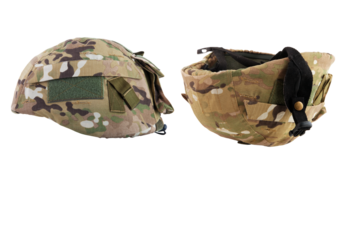 Tactical army equipment showing a fabric camouflage cover for a combat helmet, representing soldier gear and protection.