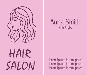 Elegant pink business card design for a hair salon with a minimalist female profile illustration, salon name, stylist's name, and placeholder contact details.