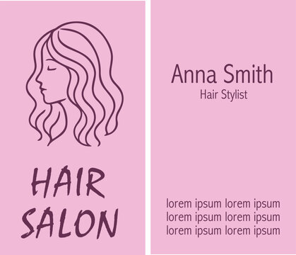 Elegant pink business card design for a hair salon with a minimalist female profile illustration, salon name, stylist's name, and placeholder contact details. - Powered by Adobe