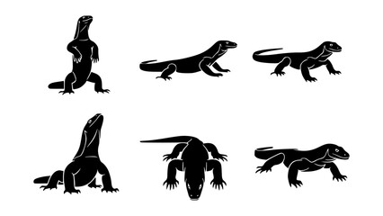Naklejka premium A set of black and white Komodo Dragon silhouettes. The images showcase different poses of the reptile