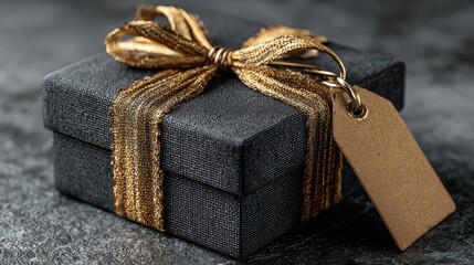 Presented textured black gift box tied with a sparkly gold ribbon and blank tag on mottled gray surface