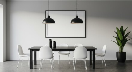 Modern Dining Room: A contemporary dining room with sleek lines, showcasing an elegant dining table, chairs, decorative plants, and framed art, illuminated by modern pendant lights.