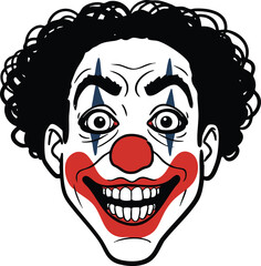 Fototapeta premium Smiling clown face with white makeup red nose and curly hair vector illustration for entertainment and carnival themes