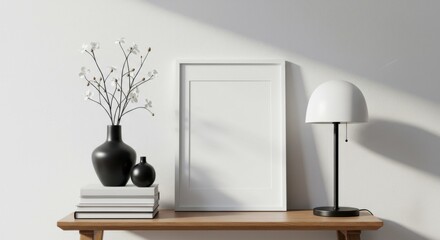 Minimalist Interior: A serene tableau of a modern desk, adorned with minimalist decor including a blank picture frame, sleek lamp and elegant vase adding a touch of sophistication. 