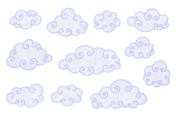 Collection of blue, airy clouds. Vector graphics.