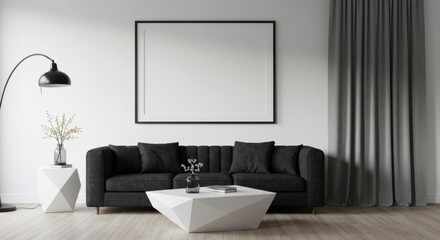 Serene Living Space: A sophisticated living room, a minimalist aesthetic with modern furniture, a chic framed artwork, and natural light creating a calm atmosphere.
