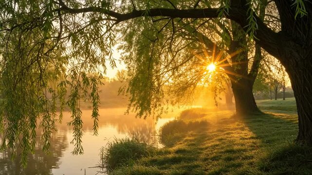 Serene Sunrise Over Misty Lake with Willows and Sunlight