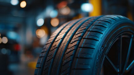 Close-up of a black car tire displayed in an auto shop