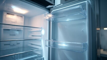 Close-up of an open, empty refrigerator with modern shelving