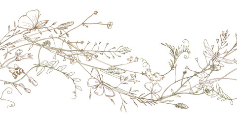 Delicate hand-drawn seamless botanical border in elegant line art. Features wildflowers, leaves, and herbs in natural flow. Ideal for invitations, packaging, textile, and eco-themed layouts.