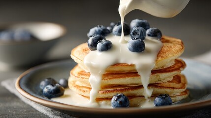 Close-up of pouring natural yogurt onto pancakes with blueberries