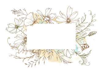 Horizontal floral banner frame with wildflowers and foliage in pastel watercolor and fine line art. Perfect for cards, invitations, blog headers, or eco-themed digital products.