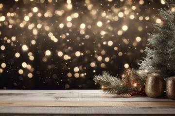 Festive scene with christmas ornaments on a wooden table against a backdrop of sparkling golden lights