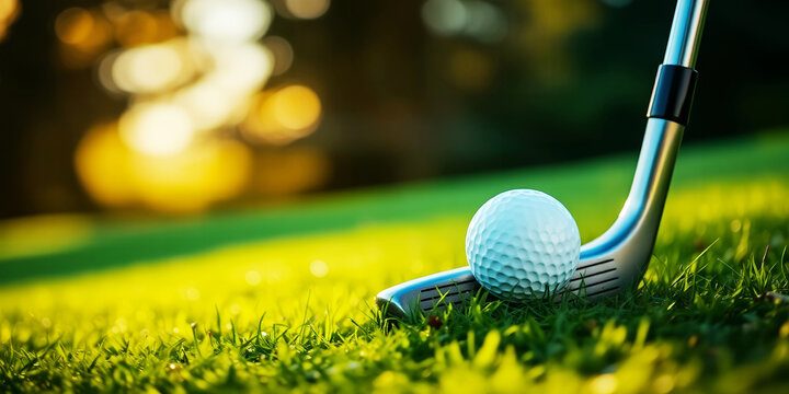 A golf ball resting on a club head in grass ready for a swing on a sunny day outdoors