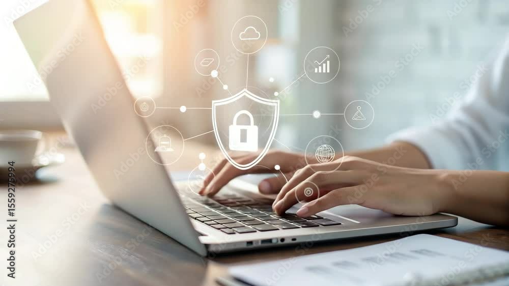 Poster person typing on laptop with digital security shield and icons overlaying the screen view online