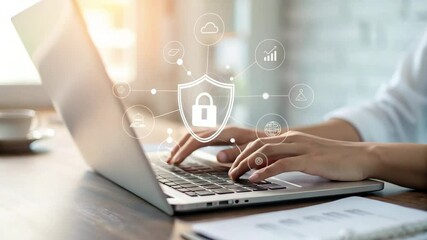 Person typing on laptop with digital security shield and icons overlaying the screen view online - Powered by Adobe