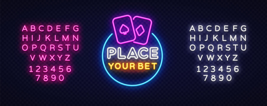 Neon place your bet layout with two glowing playing cards, circular border and full bright alphabets on both sides. Ideal for gambling themed content.