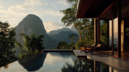 Modern residence featuring an infinity pool, expansive vistas, sleek architecture, harmonious outdoor living space, luxurious ambiance