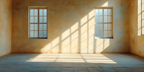 Interior room with natural light shining through windows casting shadows on the plastered walls and floor