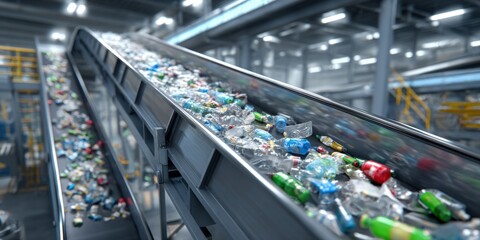 Endless Stream of Recycled Plastic Bottles on a Conveyor Belt, Symbolizing Industrial Recycling Processes, Sustainable Waste Management, and Environmental Responsibility for a Circular Economy