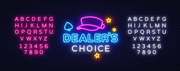Neon sign dealer's choice with glowing cap, spade icon and stars. Pink and white font sets displayed on both sides of dark background.