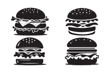 Four stylized black silhouette icons of delicious burgers