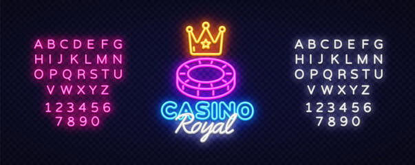 Neon casino royal text under glowing chip and crown icon. Elegant and bold composition with alphabet sets on both sides for promotional gambling use.