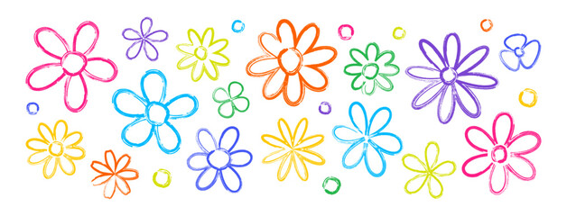 Flower crayon pattern, cute pastel floral icon, colorful line chalk daisy, paint brush kid background, baby pencil handdrawn doodle, bloom sketch retro set isolated on white bg. Vector illustration
