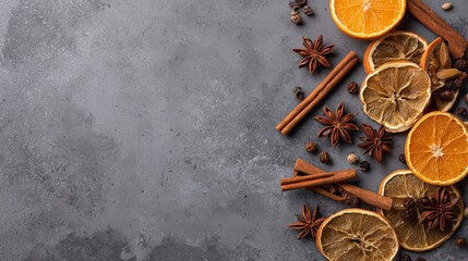 Flat lay with dried oranges, cinnamon sticks, and star anise on a grey tabletop, with space for text