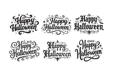 Fototapeta premium Collection of six ornate happy Halloween calligraphy designs with stars and swirls
