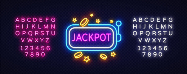 Neon sign jackpot with golden coins, stars, and rectangular frame. Dual glowing alphabet sets add flexibility for casino-related content.