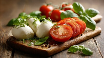 Fresh mozzarella, basil, and tomatoes arranged on a wooden board, close-up