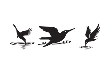 Silhouettes of birds diving and flying over rippling water