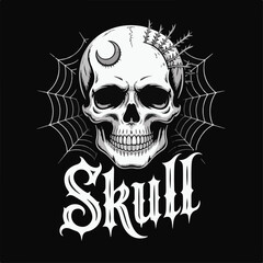 White skull with crescent moon and thorny branches on black background with spiderwebs human skull gray