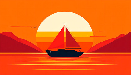 Fototapeta premium Sailboat at sunset vector illustration with orange sky and calm sea.