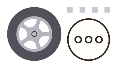 Car tire with gray wheel rim, circular charging port with three sockets, and small squares aligned above. Ideal for electric vehicles, sustainability, innovation, charging solutions, green energy