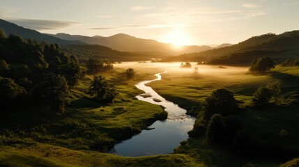 Misty Valley Serenity, a tranquil landscape featuring a meandering river through a fog-laden valley, evoking peace and reflection.