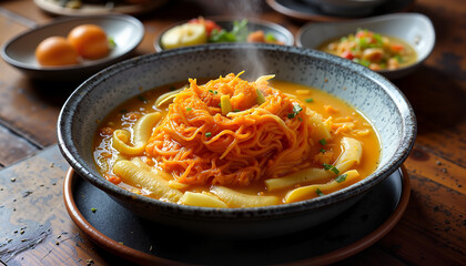 Traditional nest soup with vegetables in rustic wooden bowl  