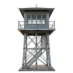 Weathered wooden fire lookout tower with metal stairs and railing isolated on transparent background